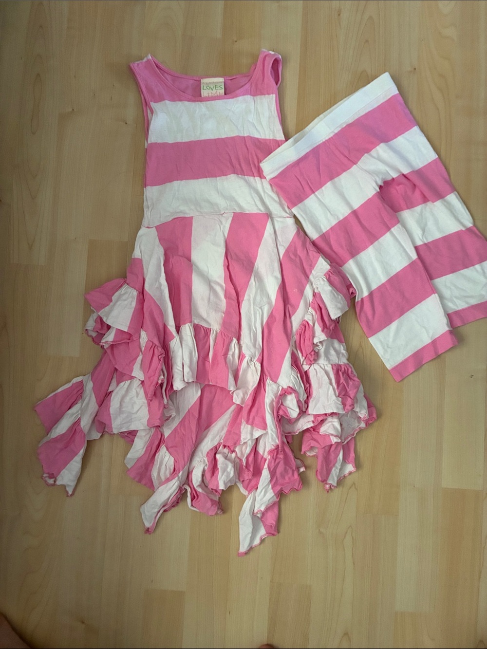 Girls Pink and White Striped Ruffle Dress with Leggings